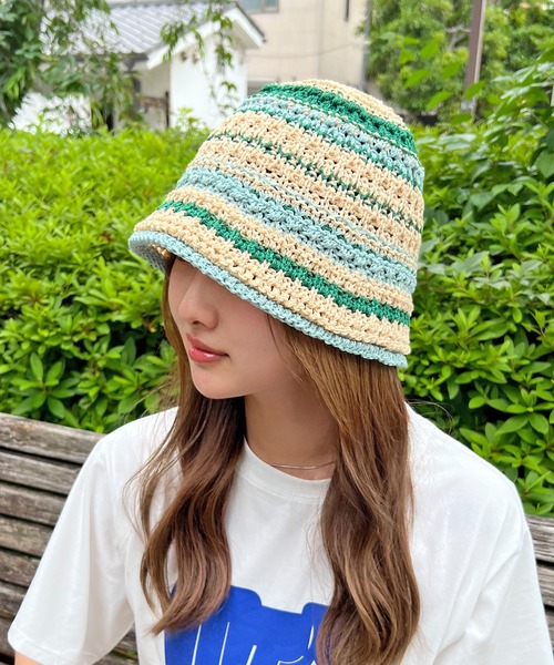 【美品】COACH クロシェハット／レディース 帽子 ハット かぎ編みボーダーデザイン クロシェハット