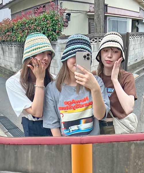 帽子 ハット かぎ編みボーダーデザイン クロシェハット レディース