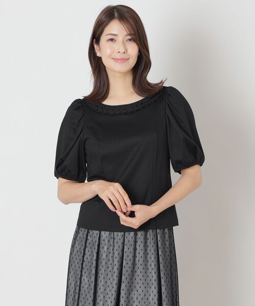 tシャツ タックリボン＆ビジューネック カットソー レディース