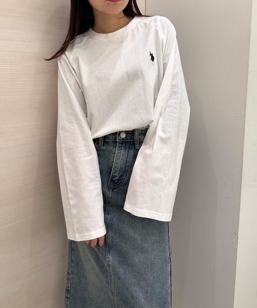 「U.S. POLO ASSN.」 長(zhǎng)袖カットソー L ホワイト×グレー レディース