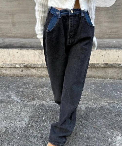 ジーンズ デニム デニムパンツ カラーブロックデザインワイドデニムパンツ レディース | ブランド登録なし