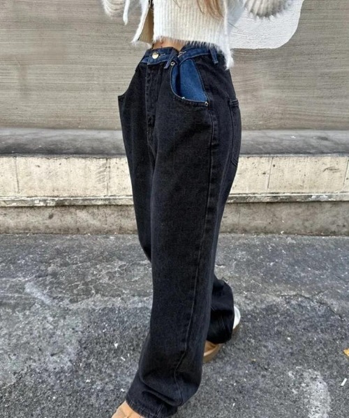 ジーンズ デニム デニムパンツ カラーブロックデザインワイドデニムパンツ レディース | ブランド登録なし | 03