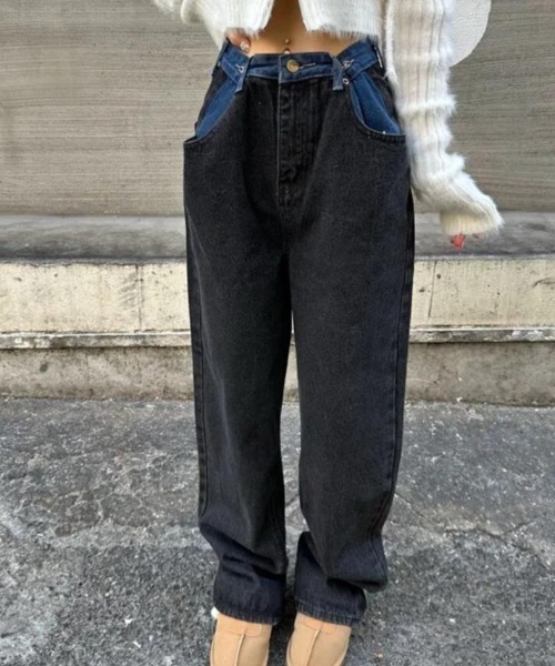 ジーンズ デニム デニムパンツ カラーブロックデザインワイドデニムパンツ レディース | ブランド登録なし | 09