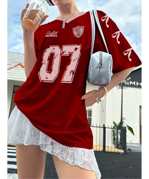 tシャツ Y2K 運動型 オーバーサイズ リボンプリント トップス