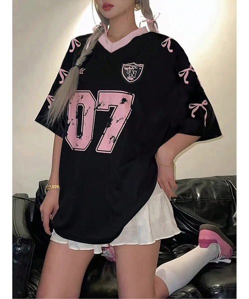 tシャツ Y2K 運動型 オーバーサイズ リボンプリント トップス