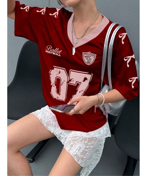 tシャツ Y2K 運動型 オーバーサイズ リボンプリント トップス