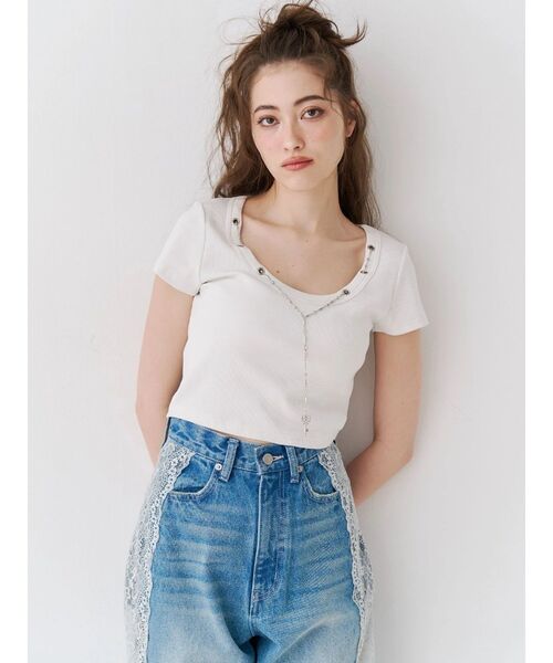ジーンズ デニム デニムパンツ サイドレースワイドデニムパンツ　ハイウエスト レディースの画像