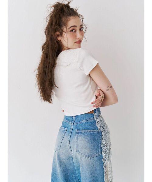 ジーンズ デニム デニムパンツ サイドレースワイドデニムパンツ　ハイウエスト レディースの画像