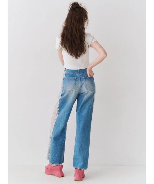 ジーンズ デニム デニムパンツ サイドレースワイドデニムパンツ　ハイウエスト レディースの画像