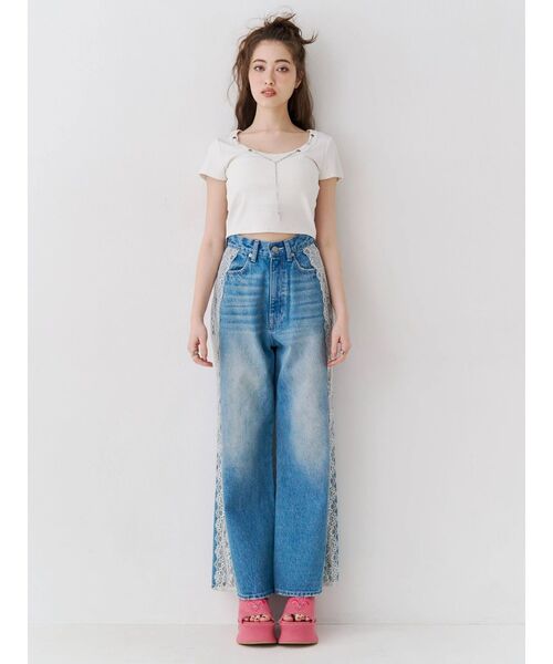 ジーンズ デニム デニムパンツ サイドレースワイドデニムパンツ　ハイウエスト レディースの画像