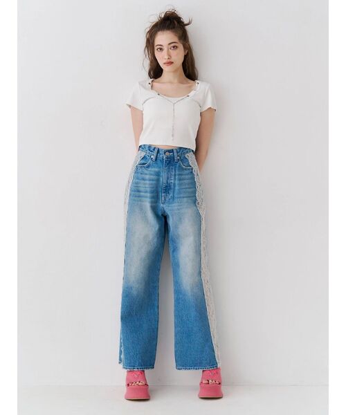 ジーンズ デニム デニムパンツ サイドレースワイドデニムパンツ　ハイウエスト レディースの画像