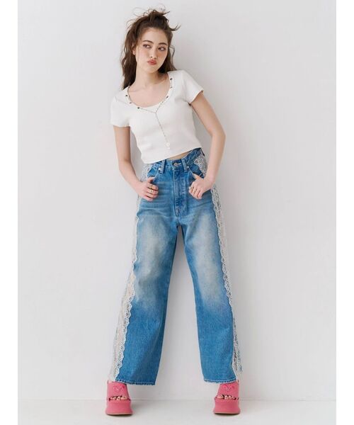 ジーンズ デニム デニムパンツ サイドレースワイドデニムパンツ　ハイウエスト レディースの画像