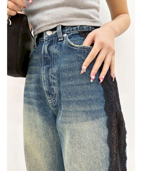 ジーンズ デニム デニムパンツ サイドレースワイドデニムパンツ　ハイウエスト レディースの画像