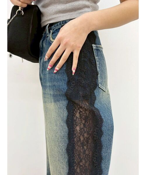 ジーンズ デニム デニムパンツ サイドレースワイドデニムパンツ　ハイウエスト レディースの画像