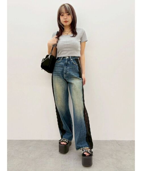 ジーンズ デニム デニムパンツ サイドレースワイドデニムパンツ　ハイウエスト レディースの画像