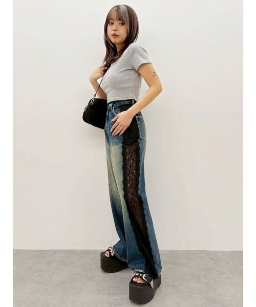 ジーンズ デニム デニムパンツ サイドレースワイドデニムパンツ　ハイウエスト レディースの画像