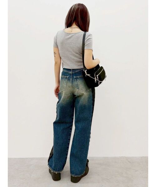 ジーンズ デニム デニムパンツ サイドレースワイドデニムパンツ　ハイウエスト レディースの画像