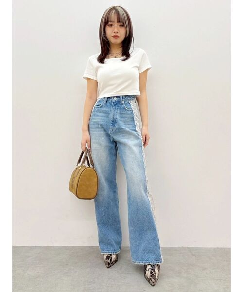 ジーンズ デニム デニムパンツ サイドレースワイドデニムパンツ　ハイウエスト レディースの画像