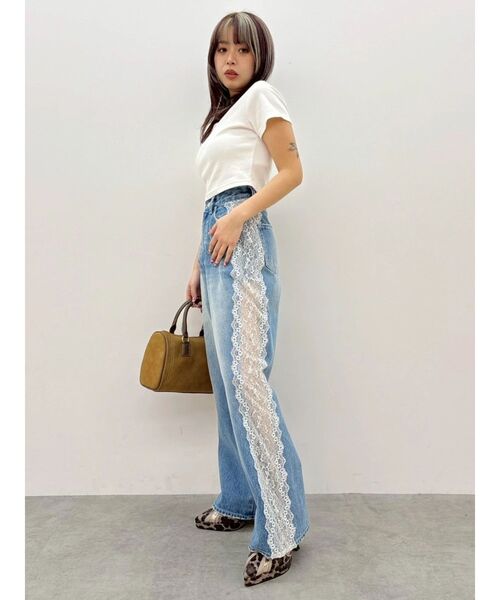 ジーンズ デニム デニムパンツ サイドレースワイドデニムパンツ　ハイウエスト レディースの画像