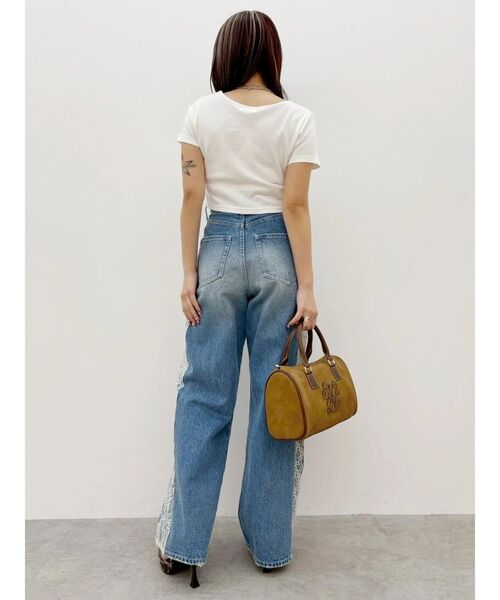 ジーンズ デニム デニムパンツ サイドレースワイドデニムパンツ　ハイウエスト レディースの画像