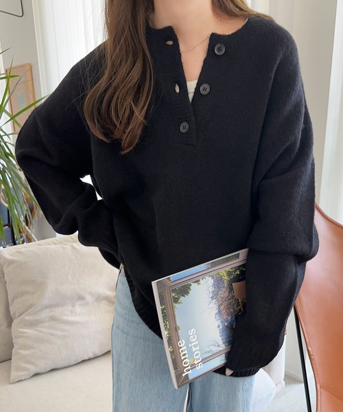 S*I様 Y’s Vネックヘンリーセーター Mサイズ　ブラック andme ニット セーター 天竺編みヘンリーネック長袖ニットトップス
