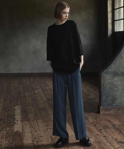 Drawer wool Loop Tweed Pullover Blouse and Slacks Pants setup 6521-299-1114 / 6514-236-1370 Navy 36/34