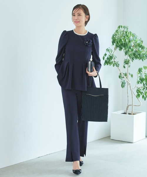 ルイルエブティック RUIRUE BOUTIQUE パールネックレッグオブマトンスリーブ＆センタースリットセミフレアパンツセットアップ （ブラック） RUIRUE BOUTIQUE セットアップ 「オケージョン対応」パール