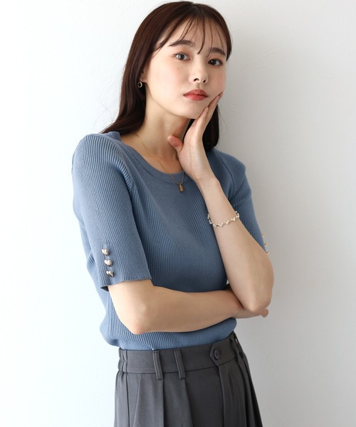 ニット セーター フハクエリ半袖リブニット145243 レディース BLUEEAST ニット セーター ハートボタン半袖リブニット