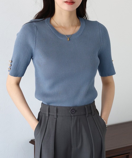 BLUEEAST ニット セーター ハートボタン半袖リブニット