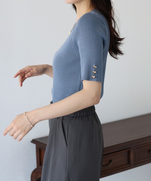 BLUEEAST ニット セーター ハートボタン半袖リブニット レディース