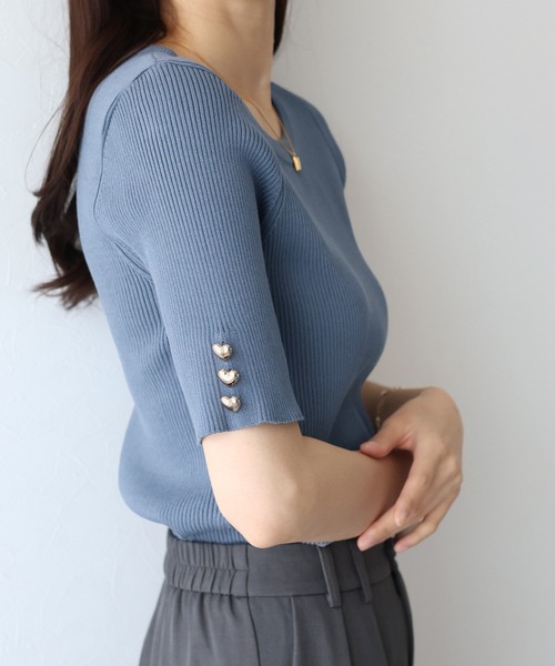 ★美品 Les Bas Bleus レ・バ・ブルー 半袖 ニット・セーター S セール】刺繍ボーダー半袖ニットプルオーバー（ニット/セーター
