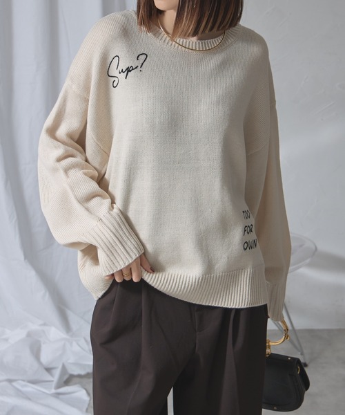ニット セーター ロゴ刺繍ローゲージニットプルオーバー レディース