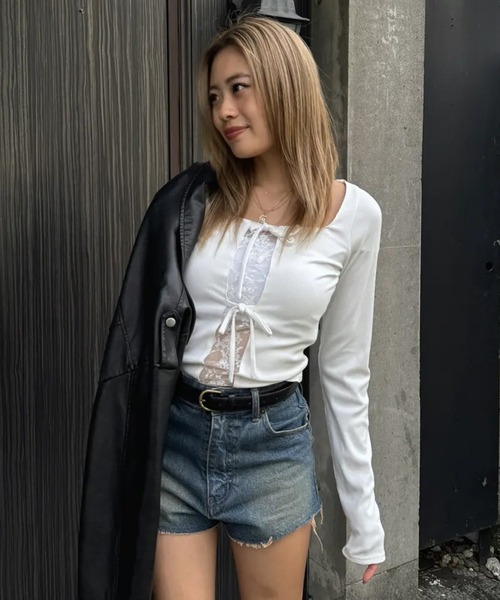 tシャツ フロントリボンレースコンビリブTOP レディース