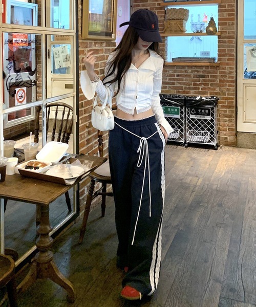 パンツ 「再入荷！／新色追加」韓国風サイドレースラインナイロン