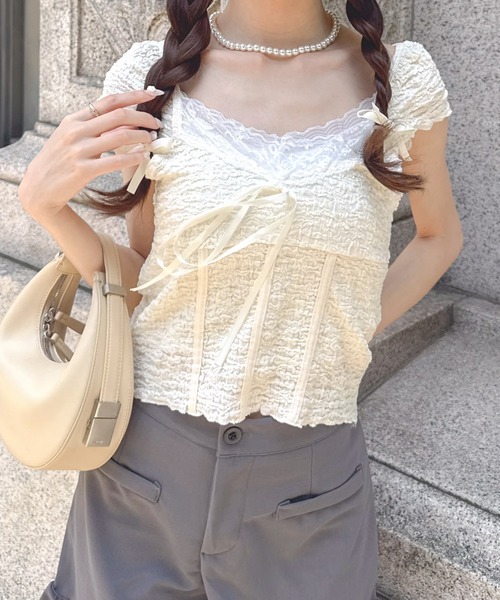 Mejoul タンクトップ ノースリーブ レースリボン ワッシャー カット