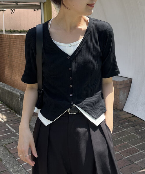 tシャツ カーディガン風バイカラーレイヤードプルオーバー レディース