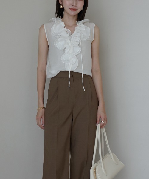 anuans ブラウス シャツ シルクブレンドラッフルブラウス