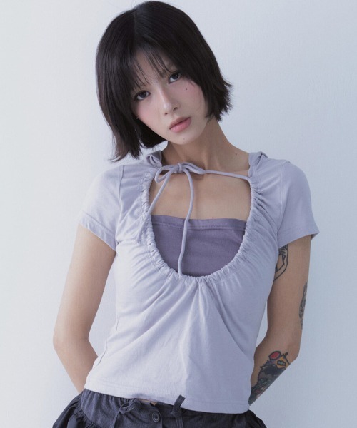 tシャツ A'GEM/9 × .kom 「SETSETSET/セットセットセット」 LUNA VEIL HOODIE T-SHIRTS/スクエアネック