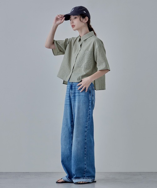 ブラウス シャツ ギンガムチェックショートシャツ レディース セール】ギンガムチェック柄ショート丈半袖開襟シャツジャケット