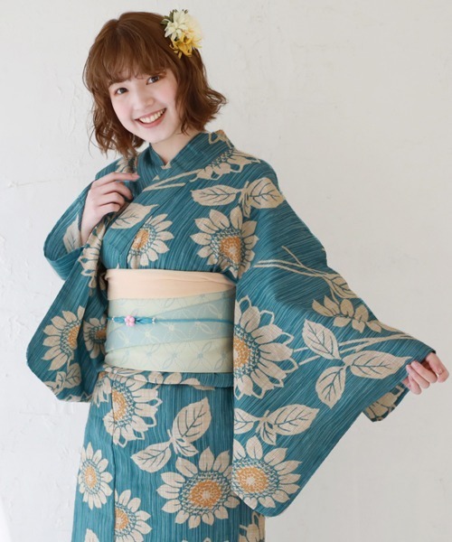 新品☆タグ付☆和風館☆浴衣☆オフ白☆青緑色のひまわり☆綿 楽天市場