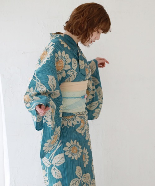 和なでしこ 浴衣 変わり織り綿麻浴衣3点セット「水色地にひまわり