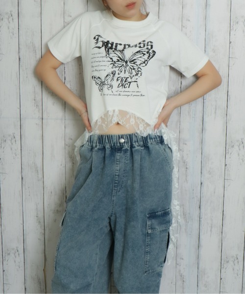tシャツ 「バタフライ×ロングレース裾」レディース 半袖Tシャツ Y2K