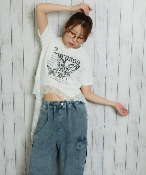 KMRii 　バタフライ柄　カットソー　半袖 tシャツ 「バタフライ×ロングレース裾」レディース 半袖Tシャツ Y2K