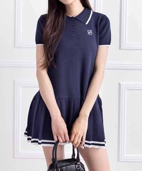 clear ワンピース ポロ襟ニットプリーツミニワンピース「フレンチ