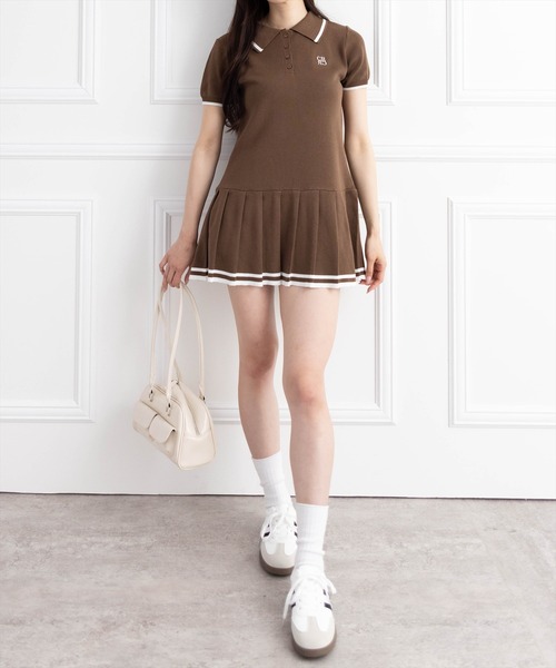 clear ワンピース ポロ襟ニットプリーツミニワンピース「フレンチ