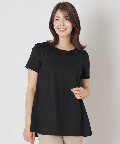 tシャツ タックリボン＆ビジューネック　チュニック レディース