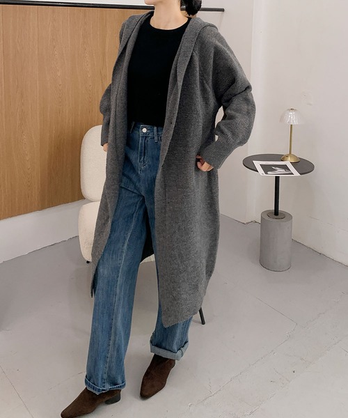 LOWO カーディガン フード付き ロング丈 ニット カーディガン