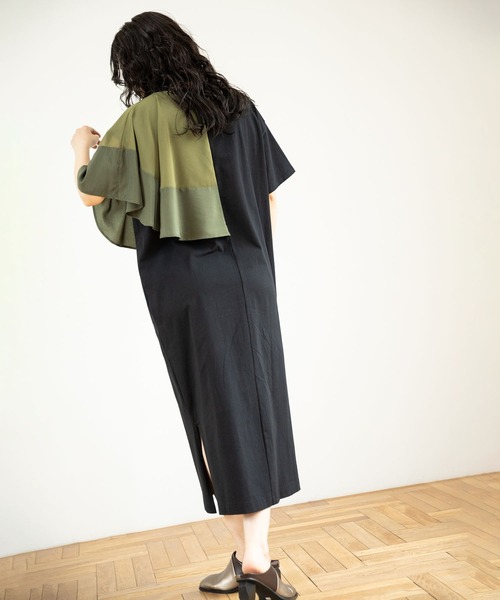 「OSMOSIS」 半袖ワンピース ONE SIZE ブラック×カーキ レディース_画像3