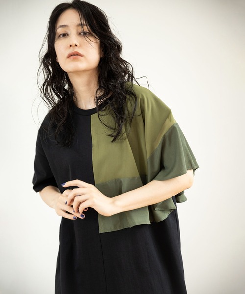 「OSMOSIS」 半袖ワンピース ONE SIZE ブラック×カーキ レディース_画像5