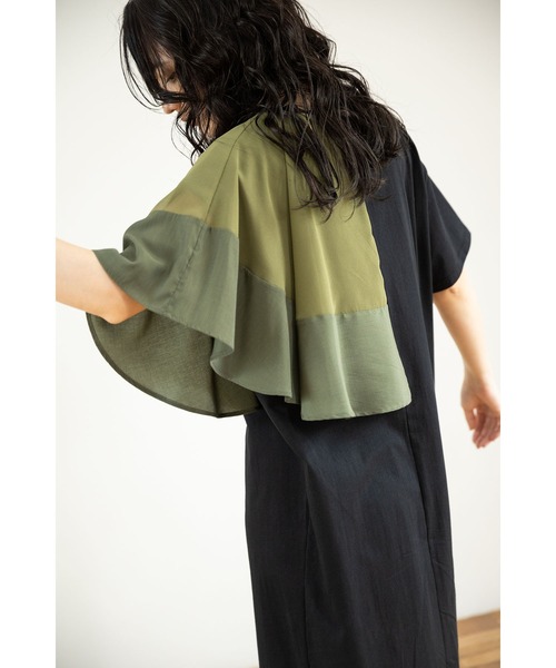 「OSMOSIS」 半袖ワンピース ONE SIZE ブラック×カーキ レディース_画像6